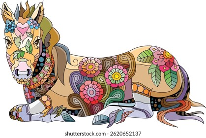 Zentangle lying horse. Hand drawn decorative vector illustration.