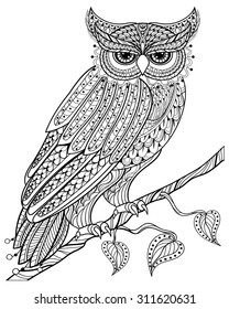 Zentangle magic Owl sitting on branch, for adult anti stress Coloring Page with high details isolated on white background, hand drawn illustration. Vector monochrome sketch. Bird collection.