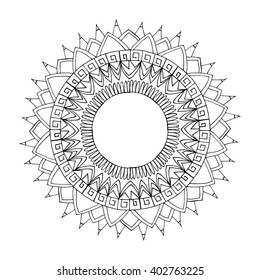 Zentangle mandala for coloring book and adults. Made by trace from personal hand drawn sketch. Black and white