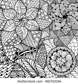 Zentangle mandala for coloring book and adults. Made by trace from personal hand drawn sketch. Black and white