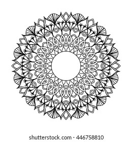 Zentangle mandala for coloring book and adults. Made by trace from personal hand drawn sketch. Black and white
