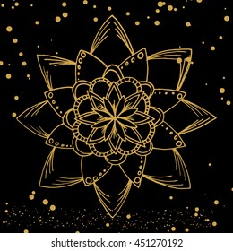 Zentangle mandala for coloring book and adults. Made by trace from personal hand drawn sketch. On black with golden background