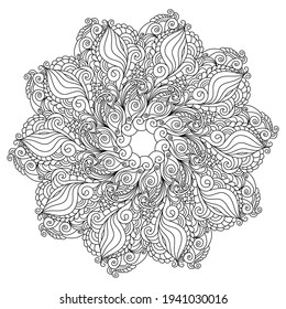 Zentangle mandala coloring book page. Zendoodle line art black and white outline illustration. 