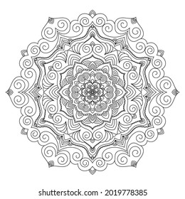 Página del libro de coloreado de Zentangle mandala. Ilustración del contorno en blanco y negro de la línea Zendoodle. 