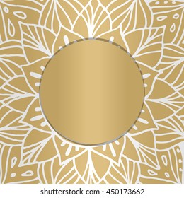 Zentangle mandala for invitations and adults. Made by trace from personal hand drawn sketch. Flower on golden background