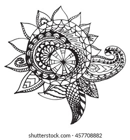 Zentangle mandala for invitations and adults. Made by trace from personal hand drawn sketch. Flower isolated on white background