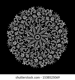 Zentangle mandala, page for adult colouring book, vector design element. Ornamental round white doodle flower, leaves isolated on black background.