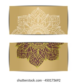 Zentangle mandala for visit and gift cards. Made by trace from personal hand drawn sketch. Flower on golden background