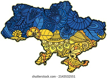 Zentangle map of Ukraine in colors of national flag