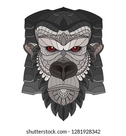 Zentangle monkey. zentangle animal. Hand drawn doodle zentangle gorilla head illustration. Decorative ornate vector gorilla head drawing colored.  -Vector