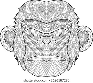Zentangle Monkey Face Coloring Page, Detailed black and white illustration of a monkey head, featuring intricate zentangle and tribal-inspired patterns. Designed as a coloring page for adults,