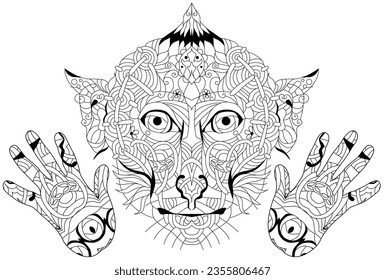 Cabeza de mono Zentangle con patas para colorear. Ilustración de vector decorativa dibujada a mano