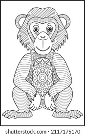 Zentangle monkey with mandala. Monkey coloring book for adults vector illustration. 