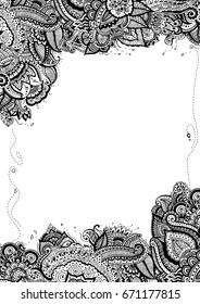 Zentangle monochrome floral postcard border. Vector zendoodle frame in adult anti stress style