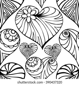 Zentangle monochrome Hearts. Seamless pattern for coloring book. Coloring page for adult anti stress. Valentine's day background.