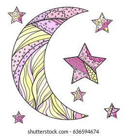 Zentangle moon and star with abstract patterns on isolation background. Design for spiritual relaxation for adults. Line art creation. Zen art