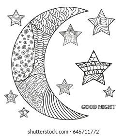 Zentangle moon and star with abstract patterns on isolation background. Design for spiritual relaxation for adults. Line art creation. Black and white illustration for anti stress colouring page. 