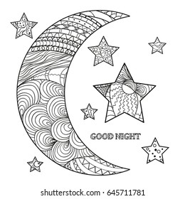 Zentangle moon and star with abstract patterns on isolation background. Design for spiritual relaxation for adults. Line art creation. Black and white illustration for anti stress colouring page. 