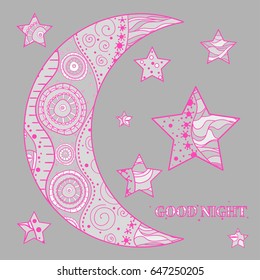 Zentangle moon and star with abstract patterns on isolation background. Design for spiritual relaxation for adults. Line art creation.