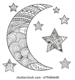 Zentangle moon and star with abstract patterns on isolation background. Design for spiritual relaxation for adults. Line art creation. Black and white illustration for anti stress colouring page. 