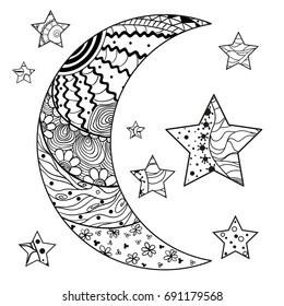 Zentangle moon and star with abstract patterns on isolation background. Design for spiritual relaxation for adults. Line art creation. Black and white illustration for anti stress colouring page. 