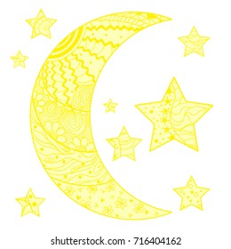 Zentangle moon and star with abstract patterns on isolation background. Design for spiritual relaxation for adults. Line art creation. Outline for tattoo, printing on t-shirts, posters and other