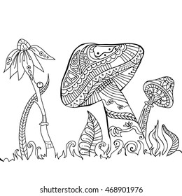 Zentangle mushrooms. Black and white vector image for adult coloring book.