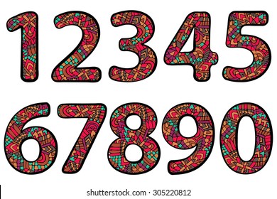 Zentangle numbers set. Collection of doodle numbers with zentangle elements made with clipping mask. Vector illustration can be used for web design, print cards, textile t-shirts and other.