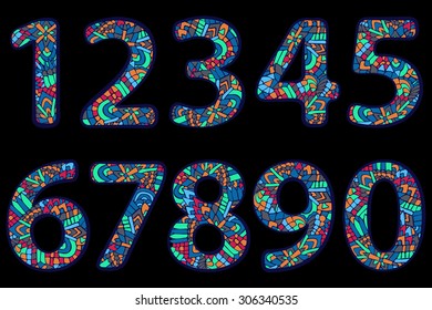 Zentangle numbers set. Collection of doodle numbers with zentangle elements made with clipping mask. Vector illustration can be used for web design, print cards, textile t-shirts and other.