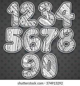 Zentangle numbers set. Collection of doodle numbers with zentangle elements. Vector illustration can be used for web design, booklets, print cards, textile t-shirts, print elements and other.