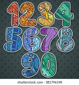 Zentangle numbers set. Collection of doodle numbers with zentangle elements. Vector illustration can be used for web design, booklets, print cards, textile t-shirts, print elements and other.