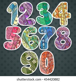 Zentangle numbers set. Collection of doodle numbers with zentangle elements. Vector illustration can be used for web design, booklets, print cards, textile t-shirts, print elements and other.