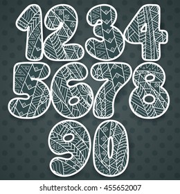 Zentangle numbers set. Collection of doodle numbers with zentangle elements. Vector illustration can be used for web design, booklets, print cards, textile t-shirts, print elements and other.