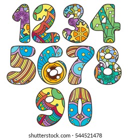 Zentangle numbers set. Collection of doodle numbers with zentangle elements. Vector illustration can be used for web design, booklets, print cards, textile t-shirts, print elements and other.