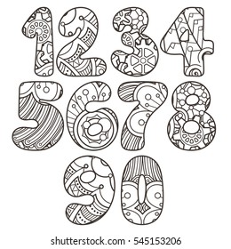 Zentangle numbers set. Collection of doodle numbers with zentangle elements. Vector illustration can be used for web design, booklets, print cards, textile t-shirts, print elements and other.