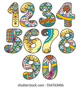 Zentangle numbers set. Collection of doodle numbers with zentangle elements. Vector illustration can be used for web design, booklets, print cards, textile t-shirts, print elements and other.