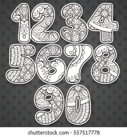 Zentangle numbers set. Collection of doodle numbers with zentangle elements. Vector illustration can be used for web design, booklets, print cards, textile t-shirts, print elements and other.
