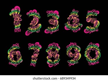 Zentangle numbers set. Collection of doodle numbers with zentangle elements. Vector illustration can be used for web design, booklets, print cards, textile t-shirts, print elements and other