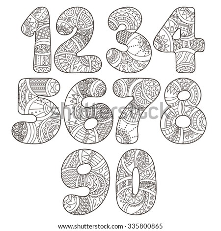 Zentangle numbers set. Collection of doodle numbers with zentangle elements. Vector illustration can be used for web design, booklets, print cards, textile t-shirts, print elements and other.