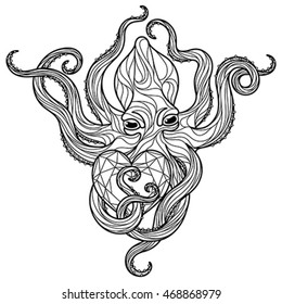 Página de coloreado de pulpo Zentangle. Ilustración monocromática vector editable.
