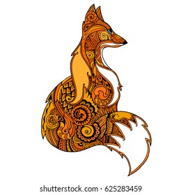 Zentangle orange fox filled with floral asian pattern. Abstract colored vector animal isolated on white background.