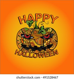 Zentangle orange pumpkin filled with floral ornament with inscription Happy Halloween on background