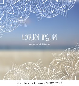 Zentangle ornamental corners on blurred beach background. Abstract doodle border for resort, fitness, yoga. Good for card, invitation, presentation template, notebook cover. Vector illustration
