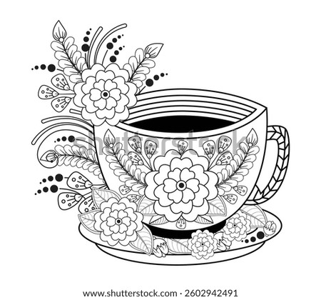 Zentangle Ornamental tea cup with hand drawn doodle flowers. Monochrome contour illustration for greeting, invitation card, adult coloring book.  