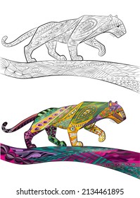 Zentangle panther. Colored and white-black prowling wildcat on branch in vector. Decorative animal pattern for drawing, coloring, print. Graphic vector illustration isolated on white background.