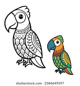 A zentangle parrot coloring page featuring intricate, swirling patterns and feathers, inviting creativity and relaxation with every colorful stroke.