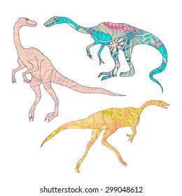 Zentangle pattern color dinosaurs on white background - vector illustration