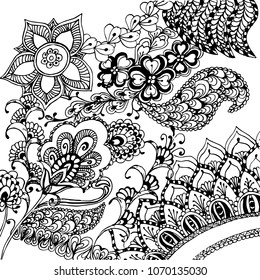Zentangle pattern for coloring book for adults and kids. Black and white background. Made by trace from sketch.