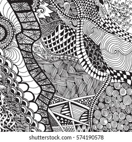 Zentangle pattern for coloring book for adults and kids. Black and white background. Made by trace from sketch.