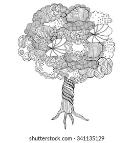 Zentangle pattern for coloring book. Hand-drawn decorative tree element in vector. Tree made of clouds.